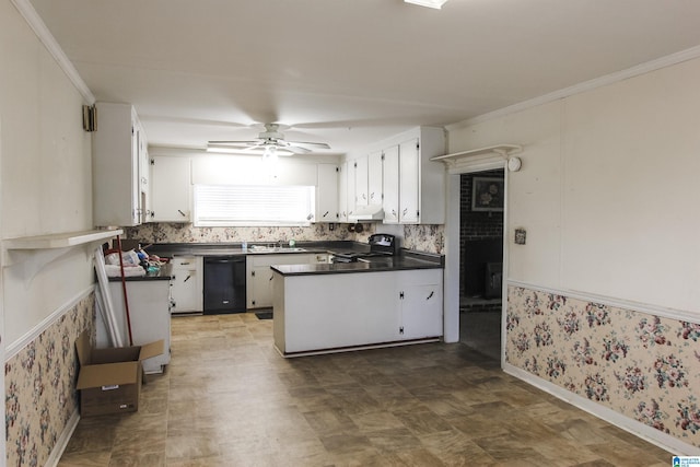 kitchen with electric range oven, a peninsula, white cabinetry, dishwasher, and dark countertops