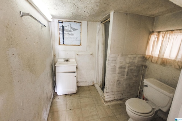 full bath featuring toilet, a stall shower, and vanity