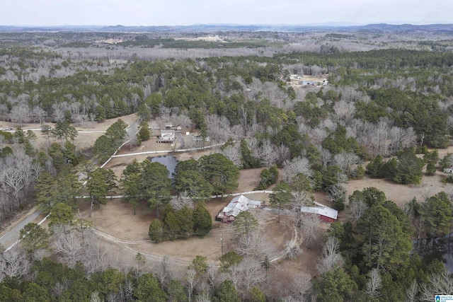 drone / aerial view featuring a forest view