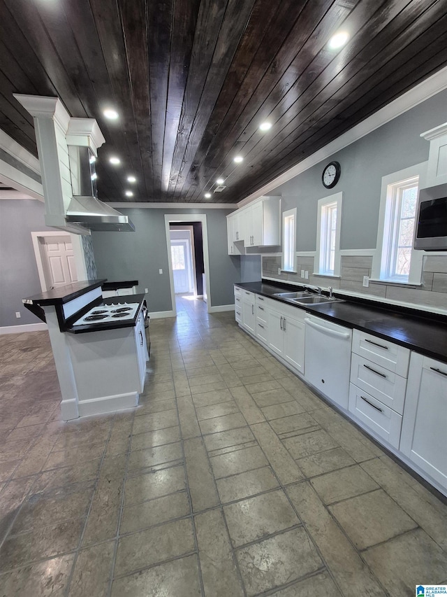 kitchen with dishwasher, wood ceiling, stainless steel microwave, wall chimney range hood, and a sink