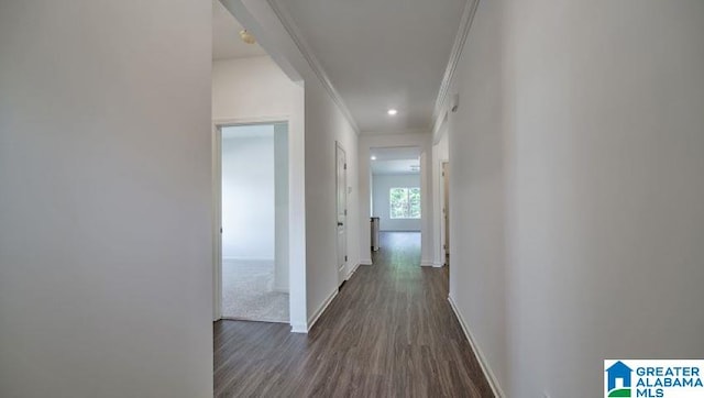 hallway featuring baseboards, dark wood finished floors, and crown molding