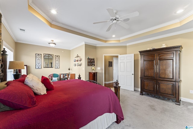 bedroom with crown molding, baseboards, visible vents, and light colored carpet