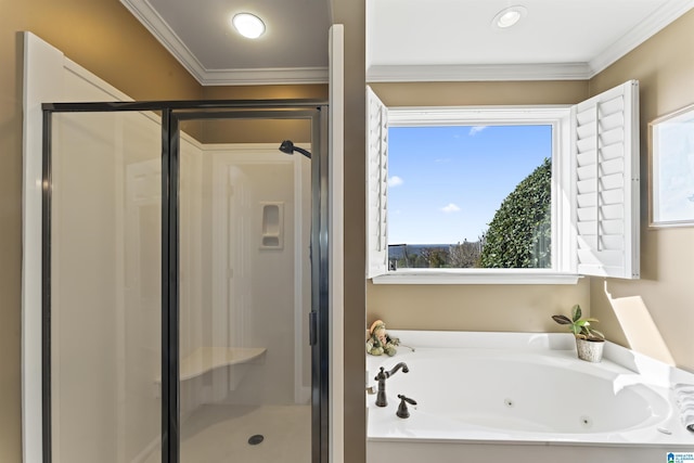 full bath with ornamental molding, a stall shower, and a whirlpool tub