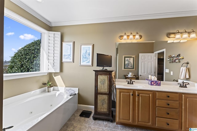 bathroom featuring double vanity, a tub with jets, a sink, and ornamental molding