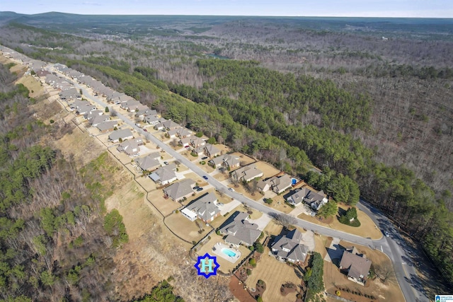 aerial view featuring a wooded view and a residential view