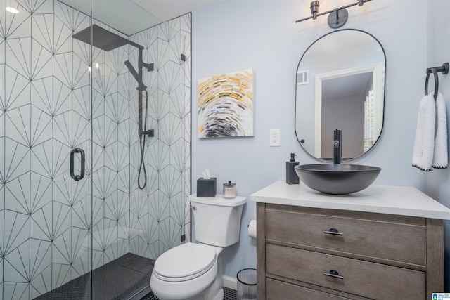 bathroom with toilet, a stall shower, visible vents, and vanity