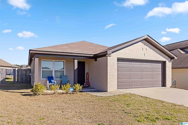 single story home featuring driveway, an attached garage, fence, and a front yard