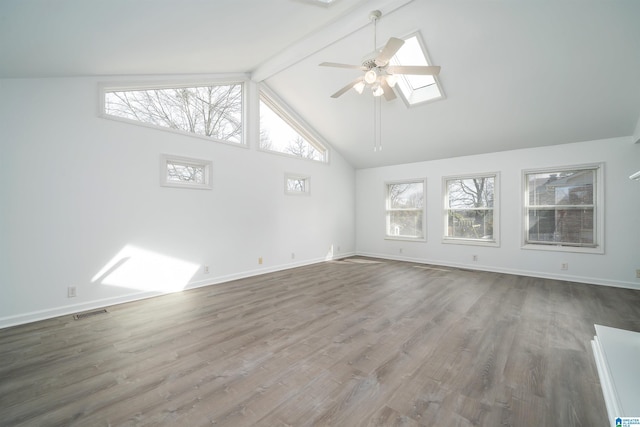 unfurnished living room with a skylight, beam ceiling, visible vents, a ceiling fan, and wood finished floors