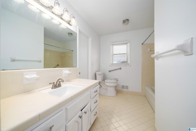 bathroom with visible vents, toilet, shower / tub combination, tile patterned flooring, and vanity