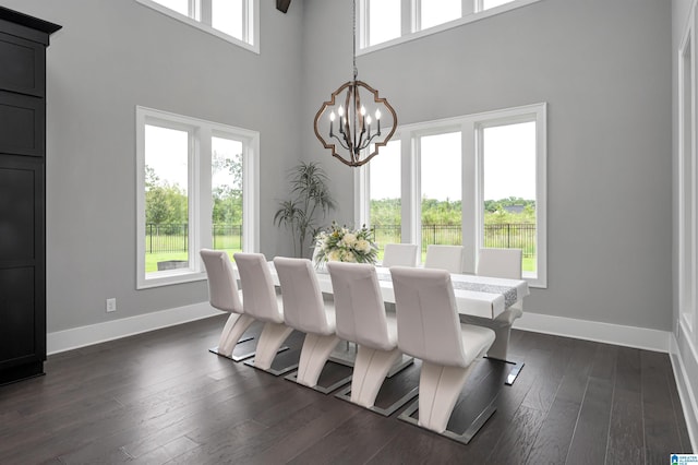 dining room with baseboards, dark wood finished floors, and an inviting chandelier