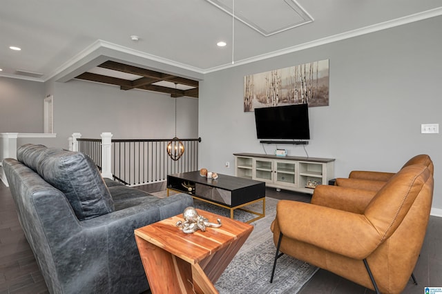 living area featuring recessed lighting, wood finished floors, beam ceiling, attic access, and crown molding