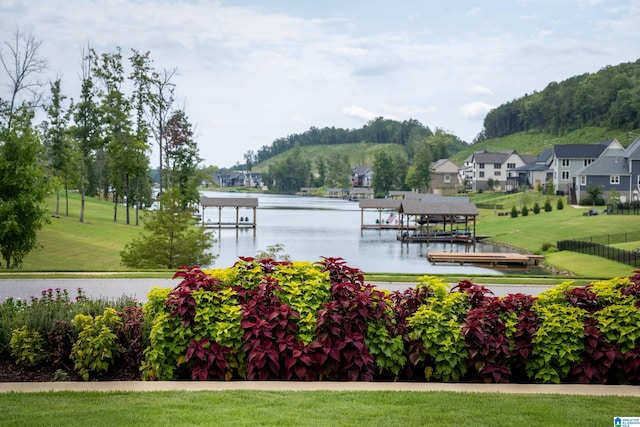 view of community featuring a water view, a lawn, and a boat dock