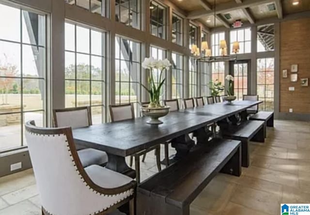 sunroom / solarium featuring beam ceiling and coffered ceiling