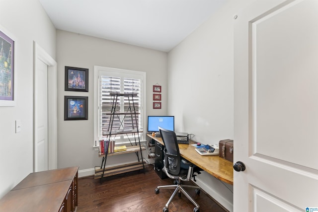 home office with dark wood finished floors and baseboards