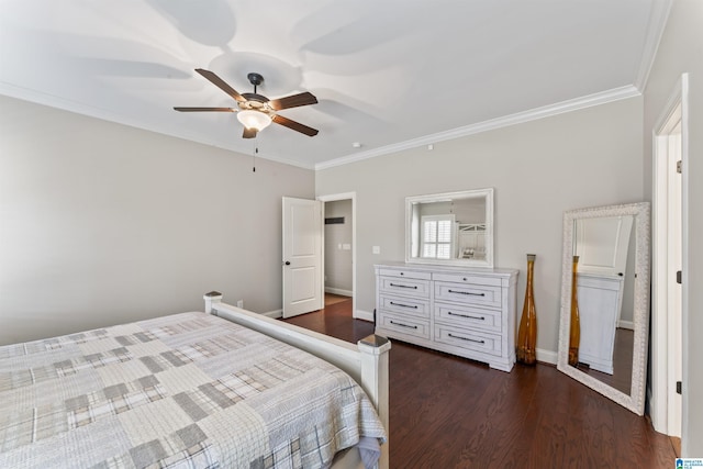 bedroom with ornamental molding, dark wood-style flooring, baseboards, and a ceiling fan