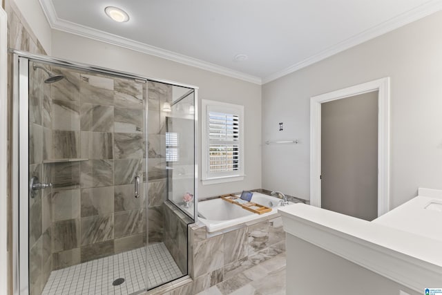 full bathroom with a bath, a shower stall, and crown molding