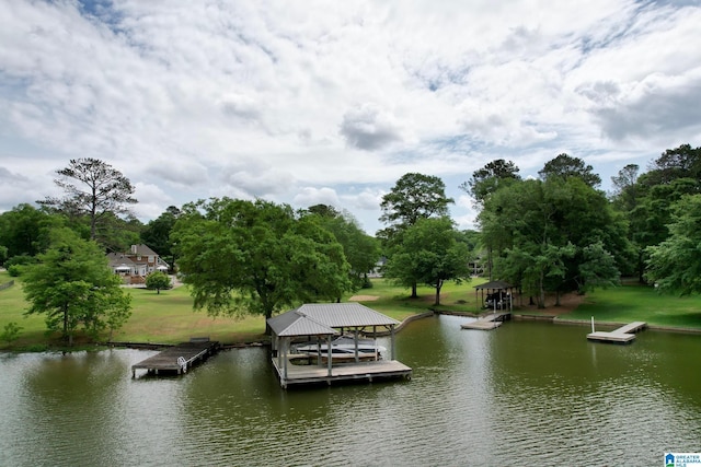 exterior space with a water view and boat lift