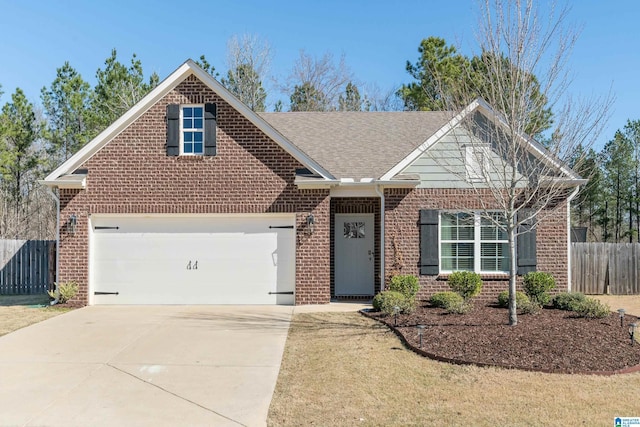 view of front facade featuring concrete driveway, brick siding, fence, and roof with shingles