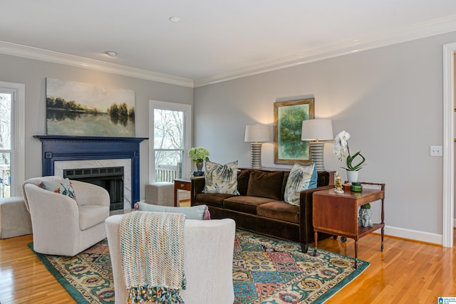 living room featuring baseboards, a premium fireplace, ornamental molding, and wood finished floors