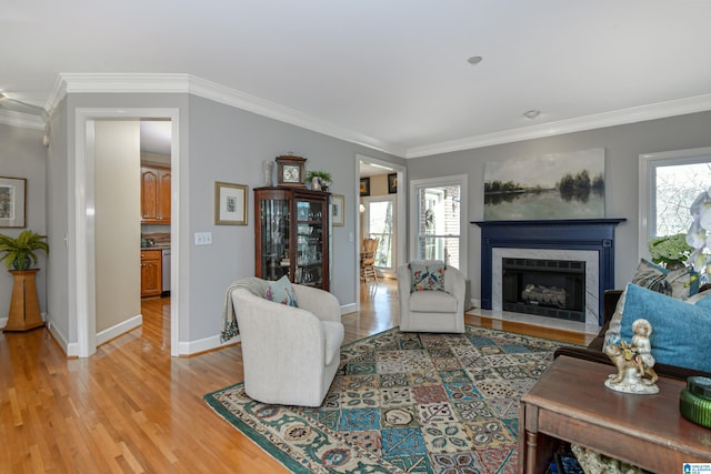 living room with a fireplace with flush hearth, light wood-type flooring, and ornamental molding