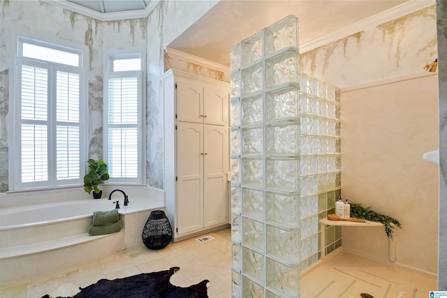 bathroom featuring a garden tub, crown molding, visible vents, tile patterned flooring, and walk in shower