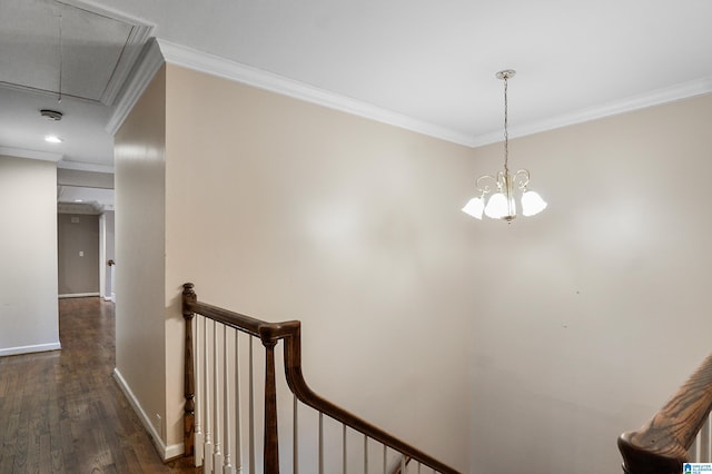 corridor with attic access, baseboards, dark wood-style flooring, crown molding, and an upstairs landing