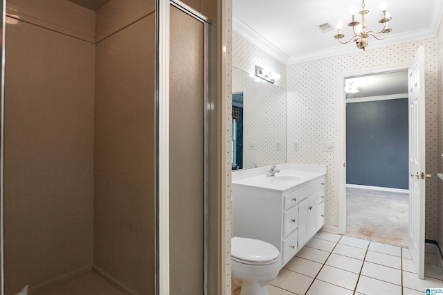 full bathroom featuring a shower stall, wallpapered walls, tile patterned floors, and crown molding