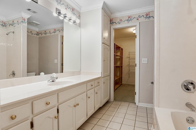 full bathroom featuring visible vents, toilet, ornamental molding, tile patterned flooring, and vanity