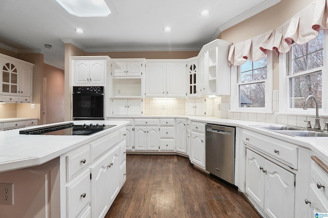 kitchen featuring tasteful backsplash, dark wood-style flooring, black appliances, open shelves, and a sink