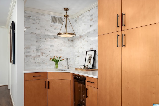 bar with beverage cooler, a sink, visible vents, ornamental molding, and wallpapered walls