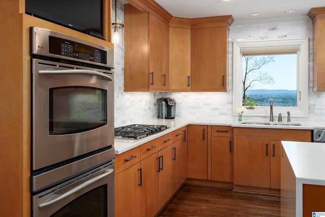 kitchen featuring stainless steel appliances, tasteful backsplash, light countertops, dark wood-type flooring, and a sink