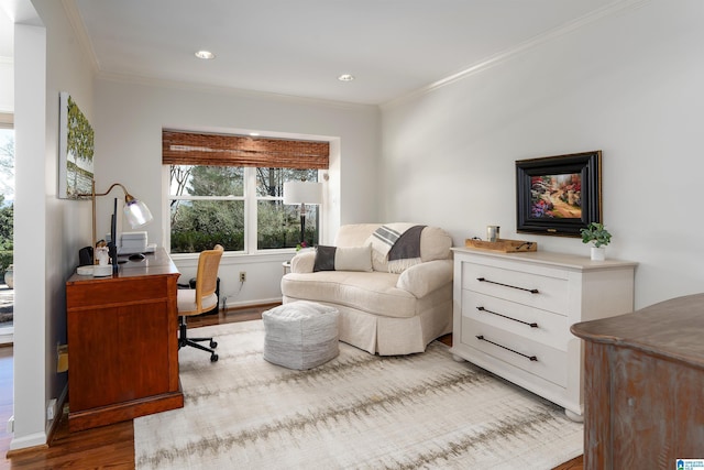 office space featuring ornamental molding, recessed lighting, baseboards, and wood finished floors