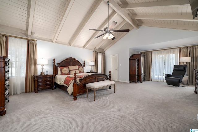 bedroom with carpet floors, multiple windows, high vaulted ceiling, and beam ceiling