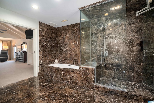 full bathroom featuring marble finish floor, tile walls, visible vents, a bath, and walk in shower