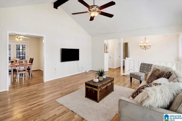 living area featuring baseboards, high vaulted ceiling, beam ceiling, and light wood-style floors