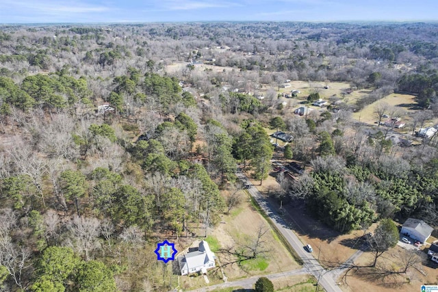 birds eye view of property featuring a forest view