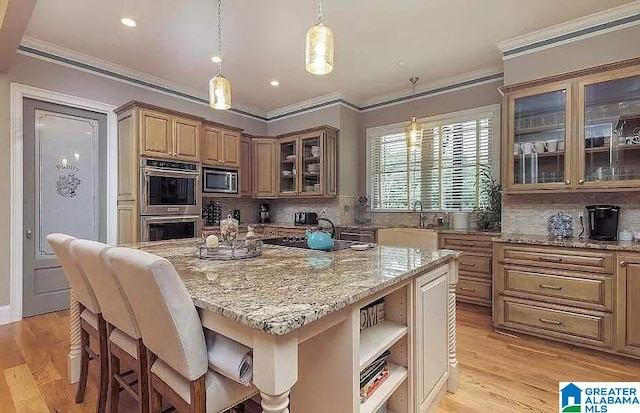 kitchen featuring light wood finished floors, tasteful backsplash, appliances with stainless steel finishes, crown molding, and open shelves