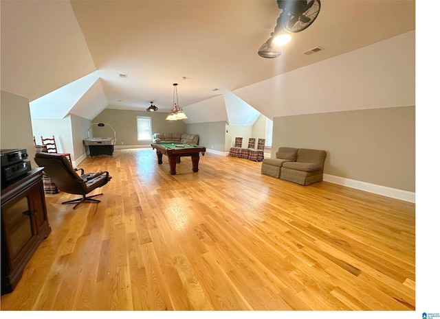 rec room featuring lofted ceiling, visible vents, light wood-type flooring, billiards, and baseboards