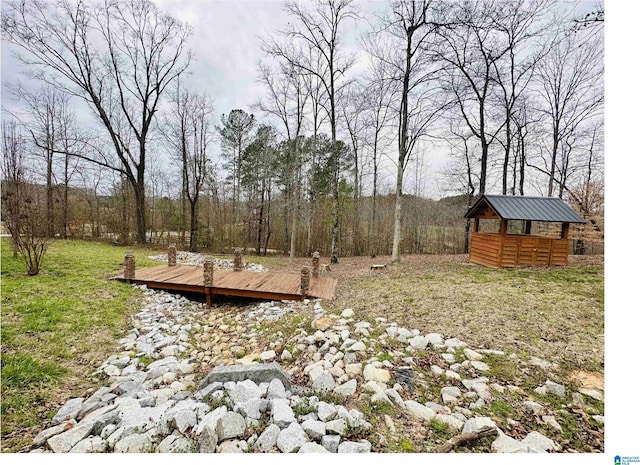 view of yard featuring a deck and an outdoor structure