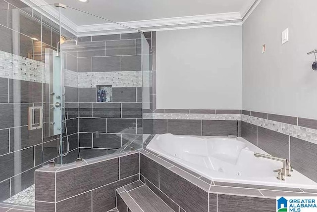 full bath featuring a stall shower, a garden tub, and crown molding