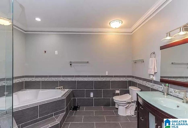 full bath with tile patterned floors, toilet, ornamental molding, vanity, and a bath