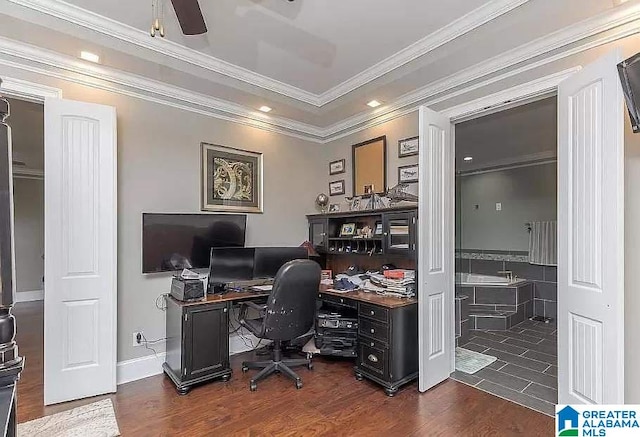 office featuring ceiling fan, dark wood-type flooring, baseboards, and crown molding