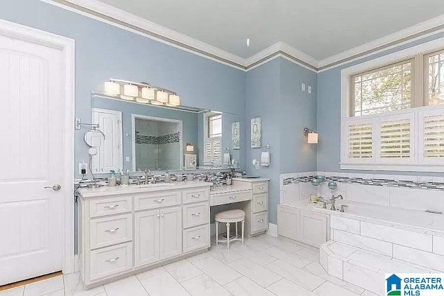 bathroom featuring ornamental molding, marble finish floor, vanity, a shower stall, and a bath