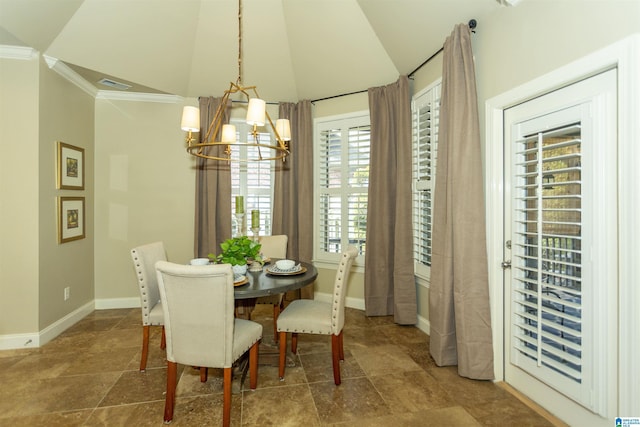 dining room with visible vents, baseboards, stone finish floor, an inviting chandelier, and vaulted ceiling