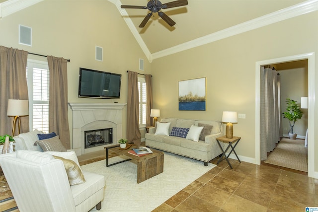 living area with high vaulted ceiling, a fireplace, visible vents, and baseboards