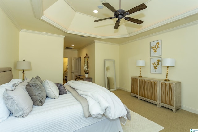 bedroom with crown molding, a raised ceiling, visible vents, light carpet, and baseboards