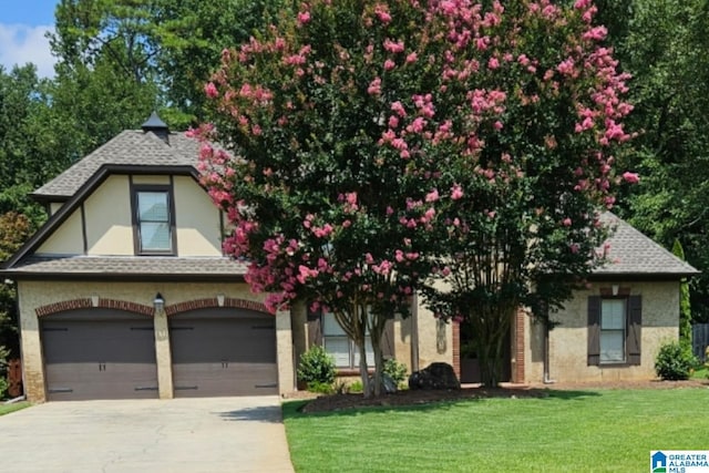 view of front of home featuring driveway, a shingled roof, a front lawn, and an attached garage