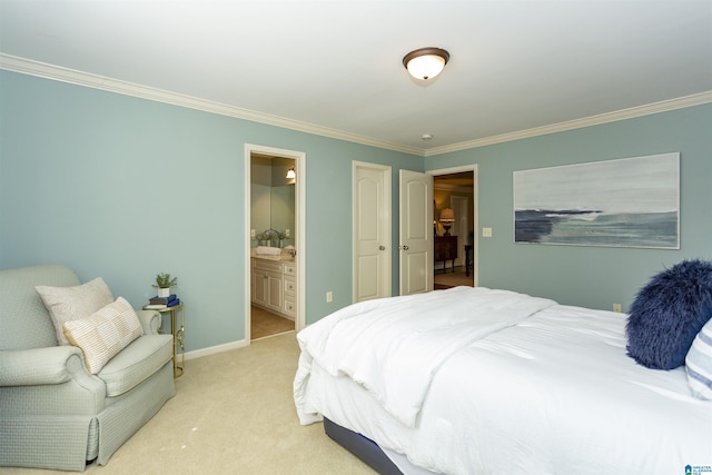 bedroom with light carpet, baseboards, ornamental molding, and connected bathroom