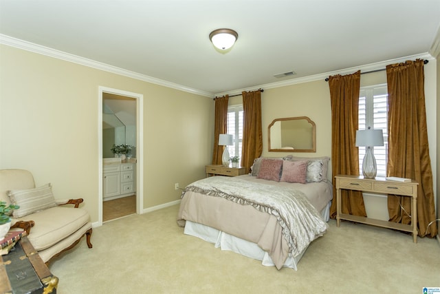 bedroom featuring ornamental molding, multiple windows, carpet flooring, and visible vents