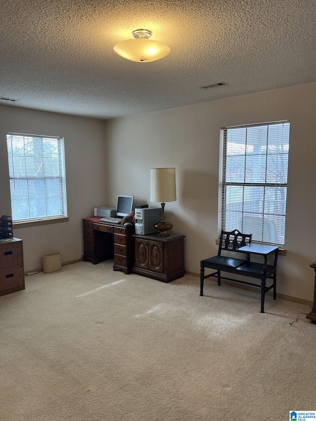 office featuring carpet floors, visible vents, and a textured ceiling